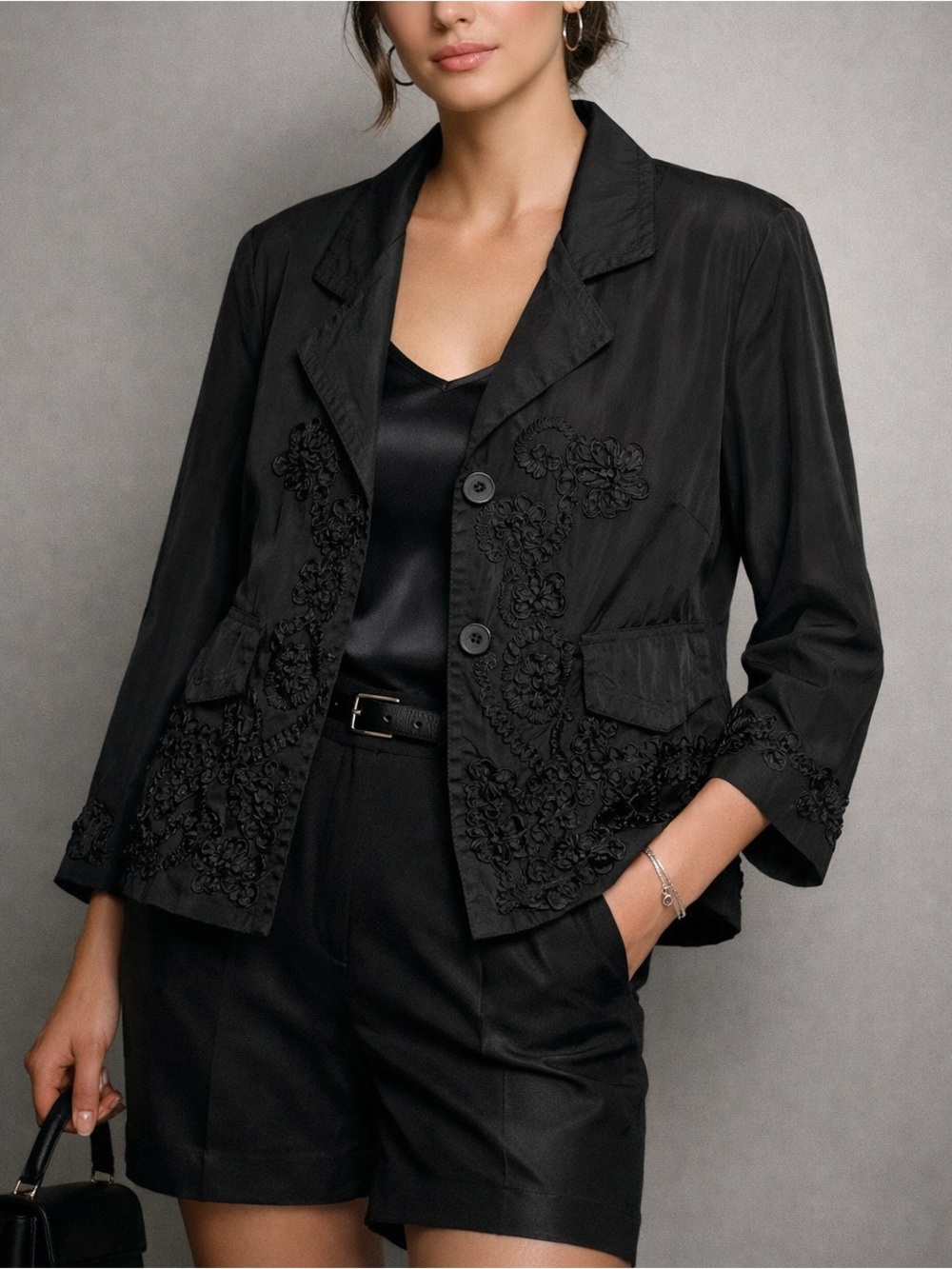 Nikki Valenti Black Embroidered Lightweight Jacket XL Boho Chic Vintage